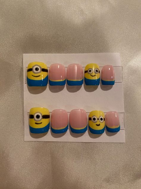 @heavenlybyemmaa on insta to order Minion Nails Designs, Movie Nails, Minion Nail Art, Minion Nails, Cartoon Nails, Cute Nail Designs, Nails Nails, Almond Nails, Halloween Nails