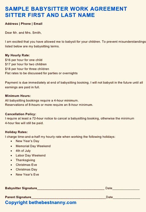 Babysitter Work Agreement:  Cancellation Policies, Minimum Hours and Holiday Rates for Sitters Babysitting Prices Chart, Babysitting Paperwork, Babysitting Prices, Babysitting Planner, Babysitting Binder, Babysitting Club, Highschool Hacks, Babysitter Printable, Nanny Binder