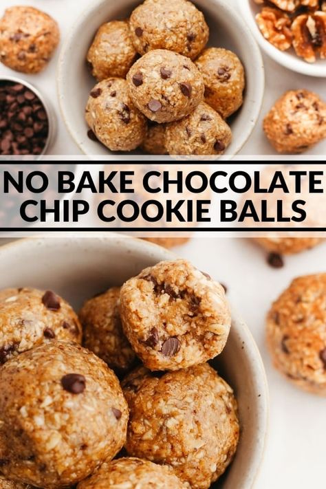 No Bake Chocolate Chip Cookie Balls (Energy Balls) - The Whole Cook Cookie Balls No Bake, Chocolate Chip Cookie Balls, Kitchen Witches, Oat Chocolate Chip Cookies, Easy Cookie Dough, Portable Breakfast, Easy Dessert Recipes Christmas, Grain Free Cookies, Easy No Bake Cookies