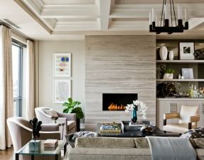 stone slab fireplace cladding and built-ins to one side; coffered ceiling - contemporary living room by Terrat Elms Interior Design Transitional Style Living Room, Boston Living Room, Design Camino, Contemporary Fireplace Designs, Minimalist Fireplace, Transitional Living Room Design, Transitional Decor Living Room, Beige Living Rooms, Contemporary Fireplace