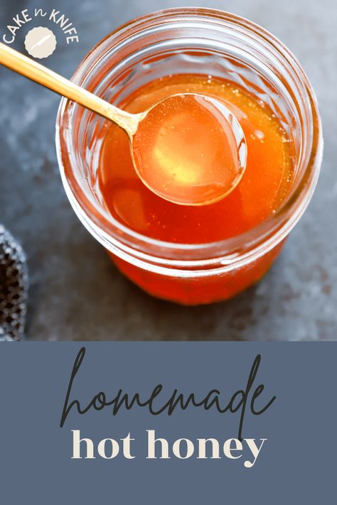 homemade hot honey Hot Honey Drizzle, Easy Hot Honey Recipe, Homemade Hot Honey, Herb Infused Honey, Pizza Biscuits, Hot Honey Recipe, Delicious Sauces, Honey Drizzle, Infused Honey