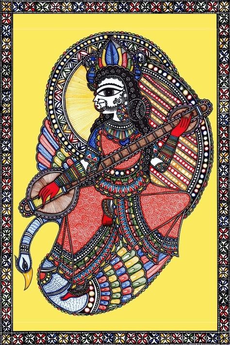 Maa Saraswati Madhubani Painting, Maa Saraswati, Paint Shirt, File Decoration, Mithila Painting, Fabric Paint Shirt, Happy Holi Images, Madhubani Paintings, Holi Images