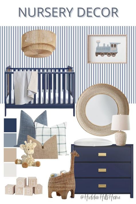 Blue and neutral baby boy nursery decor design Nursery With Blue Crib, Navy Blue Crib Nursery, Navy Crib, Gender Neutral Navy Nursery, Navy Blue And Beige Nursery, Nursery With Navy Crib, Blue Nursery Furniture, Navy Blue Nursery Ideas, Navy Boys Nursery