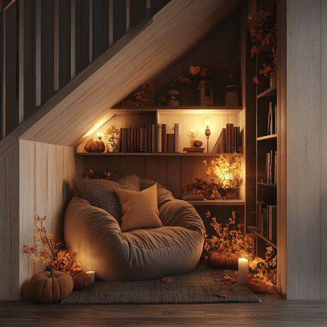 1 Small Cozy Nook Ideas, Reading Corner By Fireplace, Tiny Home Reading Nook, Closet Turned Reading Nook, Reading Nook Under The Stairs, Bookshelf Corner Ideas, Tiny Reading Corner, Reading Nook With Fireplace, Reading Corner Small Space