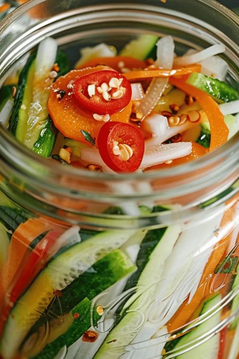 Vietnamese Vegetable Pickle Medley Recipe - MmmRecipes : Easy and Delicious Recipes Vietnamese Vegetable Pickle Medley, Vietnamese Side Dishes, Asian Pickled Vegetables, Vietnamese Pickled Vegetables, Vegetable Pickle, Vermicelli Salad, Amish Food, Pickled Vegetables Recipe, Canning 101