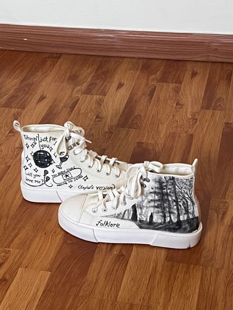 #shoes #folklore #taylorswift #mirrorball #august Taylor Swift Folklore Jewelry, Mirrorball Shoes, Taylor Swift Shoes Diy Ideas, Taylor Swift Eras Shoes, Taylor Swift Converse Shoes, Taylor Swift Custom Shoes, Folklore Accessories, Mirrorball Outfit, Vivienne Westwood Heels