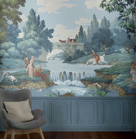 Papiers de Paris panoramic wall mural french country scene Horse Mural, Bathroom Wall Mural, Wallpaper Chinoiserie, Bespoke Wallpaper, Chinese Chinoiserie, Chinoiserie Mural, Bathroom Mural, Panoramic Wallpaper, Handmade Wallpaper