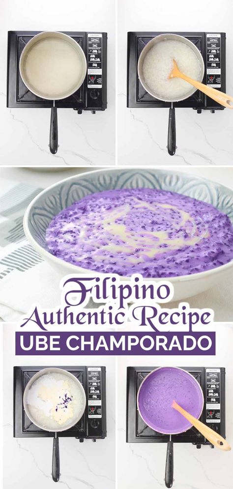 Try this quick and easy Ube Champorado Recipe, a Filipino rice porridge that is rich in ube (purple yam) flavor instead of the classic chocolate taste. It's a sweet and delicious rice dish that's perfect for breakfast, snack or as a dessert! Ube Filipino Desserts, Ube Champorado Filipino Recipe, Ube Halaya Recipe Filipino Desserts, Ube Desserts Filipino Food, Ube Horchata Recipe, Ube Syrup Recipe, Ube Champorado Recipe, Easy Ube Recipes, Ube Recipes Filipino Desserts