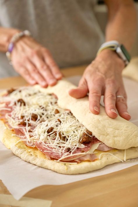 French Bread Stromboli, Frozen Bread Dough Pizza, Italian Calzones With Pizza Dough, Stromboli Video Recipe, Recipes Using Frozen Pizza Dough, Recipes With Premade Pizza Dough, Puff Pastry Stromboli, Faccia Bread Recipes Easy, Stromboli With Frozen Bread Dough