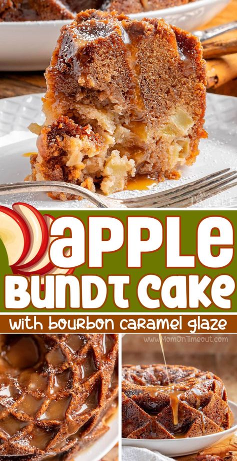 This gorgeous Caramel Apple Bundt Cake tastes just as good as it looks with sweet and tart apples, moist spiced cake and a bourbon caramel glaze that pools into every nook and cranny. This cozy dessert is a delightful blend of sweet and spice and is perfect for family gatherings or a special weeknight treat! | MomOnTimeout.com Carmel Apple Dessert Easy, Favorite Fall Desserts, Caramel Apple Crumble Cake, Apple Caramel Dessert, Apple Cakes Easy, Apple Bundt Cake Recipes Easy, Apple Nut Bundt Cake, Fall Baking Recipes Apple, Caramel Apple Bread