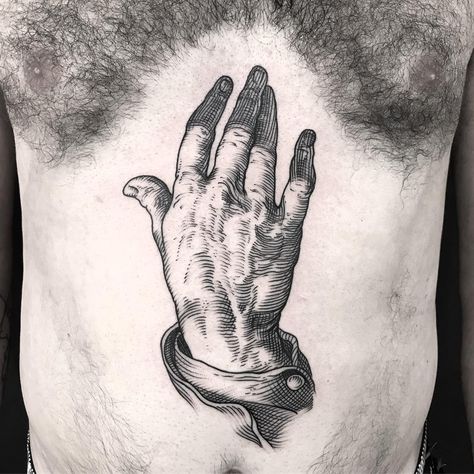 Woodcut style tattoo of a hand tattooed on the belly and sternum Etching Tattoo, Woodcut Tattoo, Engraving Tattoo, Tattoo Inspiration Men, Tattoo Portfolio, Tattoo Project, Line Work Tattoo, 1 Tattoo, Tattoo Flash Art