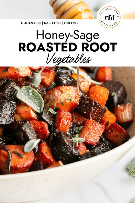 Humble root vegetables such as carrots, beets, and parsnips get a nutritious glow-up thanks to the addition to a buttery, sweet, and herbaceous glaze in these Honey-Sage Roasted Root Vegetables. Equally stunning as they are delicious, they’re nutrient-dense addition to your holiday menu. Roasted Carrots And Beets, Root Vegetable Recipes, Honey Parsnips, Carrots Beets, Roasted Carrots And Parsnips, Root Vegetables Recipes, Glazed Vegetables, Roasted Root Veggies, Food Side Dishes