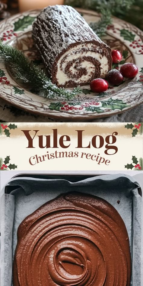 This classic Yule log is a holiday showstopper! A light and airy chocolate sponge cake, rolled with a creamy filling, and covered in rich chocolate ganache to mimic the look of a log. It’s the perfect festive dessert for your holiday table. Dust with powdered sugar and add some fresh cranberries for a beautiful, rustic finish. The best part? It's easier to make than it looks, and it tastes even better! #YuleLog #ChristmasDesserts #HolidayBaking #ChocolateYuleLog #FestiveCakes Chocolate Peppermint Yule Log, Holiday Yule Log Cake, Chocolate Log Cake Recipe, Peppermint Yule Log Cake, Finch Bakery Brownie Yule Log, Chocolate Roll Cake Yule Log, Yule Log With Box Cake, Xmas Yule Log Cake, Easy Christmas Yule Log Cake Recipe