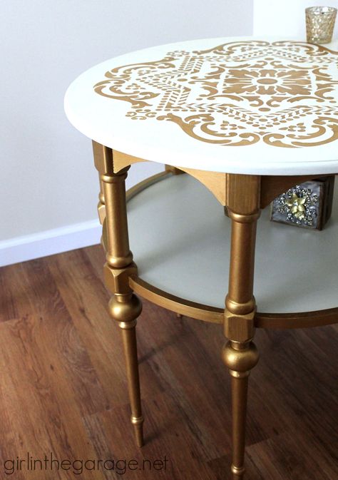 A stunning stenciled table makeover in metallic gold and white for Themed Furniture Makeover Day.   girlinthegarage.net Stenciled Table, Diy End Tables, Classic Tile, Tile Stencil, Stencil Furniture, Table Makeover, Bohol, Refurbished Furniture, Paint Furniture