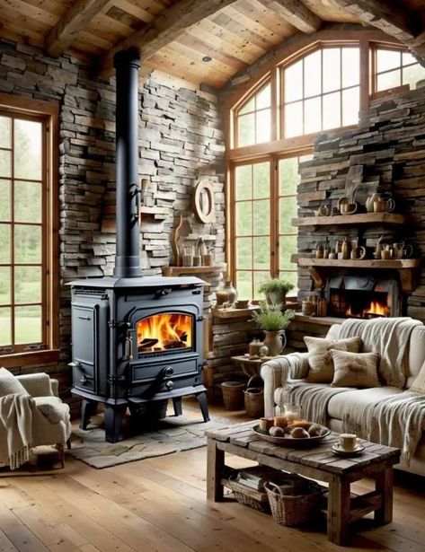 19 Ideas for Wood Stoves in Farmhouse Living Rooms Wood Stoves Ideas Living Rooms, Living Rooms Farmhouse, Wood Stoves Ideas, Wood Burning Stove Decor, Log Home Living Room, Fireplace Screens With Doors, Stove Decor, Wood Stove Hearth, Wood Stove Wall