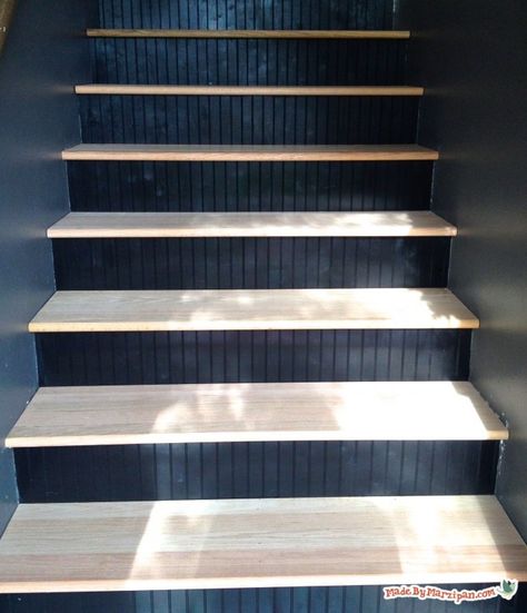 Get rid of the carpet and update your stairs with hardwood and beadboard! DIY stair makeover tutorial! Bead Board On Stairs, Beadboard Stair Risers, Bead Board Stair Risers, Bead Board Stairs, Black Stair Risers, Beadboard Diy, Diy Stairs Makeover, Stairs Makeover Ideas, Redo Stairs