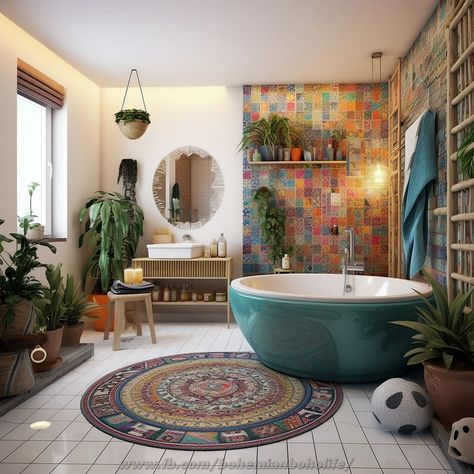 Colorful Boho Bathroom, Bathroom Wall Coverings, Boho Style Bathroom, Boho Bathroom Ideas, Bohemian Style Decor, Bohemian Bathroom, Design Remodel, Boho Bathroom, Dream House Decor