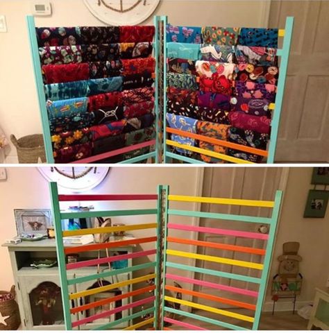 Repurposed crib rails to hold the LuLaLoot!- our we put the boys to work building these lol!! Lularoe Room, Repurposed Crib, Diy Leggings, Work Building, Crib Rail, Lula Roe, Craft Show Displays, Craft Booth, Kids Artwork