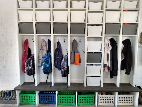 Ikea Hack: DIY Garage Lockers Diy Garage Lockers, Locker Hacks, Kids Mudroom, Ikea Lockers, Garage Lockers, Garage Shoe Storage, Work Coats, Garage Hacks, Kids Locker