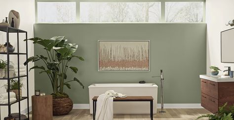 Green Earthy Bathroom, Bathroom Colour Ideas, Bathroom Color Ideas, Popular Bathroom Colors, Inviting Bathroom, Earthy Bathroom, Bathroom Colour, Small Bathroom Colors, Behr Colors