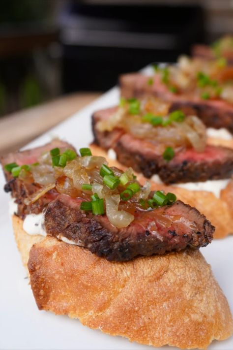 With the holidays quickly approaching, this grilled steak crostini is the perfect appetizer to wow your guests. Steak Crostini Appetizers, Steak Crostini, Horseradish Mayo, Crostini Appetizers, Caramelized Shallots, Horseradish Sauce, French Baguette, Grilled Onions, Steak Seasoning