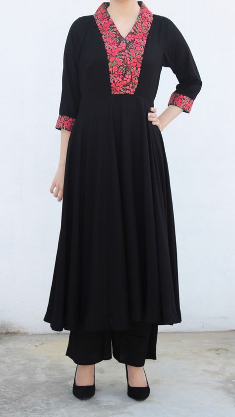 Rayon fabric Frock suit with V NECK AND BROAD LACE DETAILINGS Broad Lace Design On Suits, V Neck Kurti Design With Lace, Broad Neck Kurti Design, Black Frock Suit, Black Dress Design, Lace Suits, Kurti Black, Lace Designs On Suits, Summer Kurti