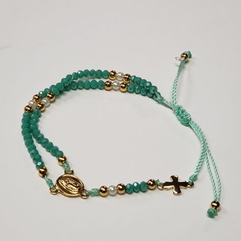 Adjustable String Bracelet, Beautiful Dainty Rosary Bracelet. Mint/ Jade Green. Our Lady Of Guadalupe, Great Gift For First Communion, Confirmations, Or Any Occasion. New Plastic Beads. Molding(Hollow) Rosary Ideas, Rosary Design, Adjustable String Bracelet, Rosary Jewelry, Christian Bracelets, Bracelets Ideas, Ankle Jewelry, Catholic Jewelry, Diy Bracelet Designs