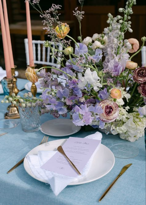 Blue Purple Yellow Wedding Flowers, Lilac And Periwinkle Wedding, Blue And Purple Hydrangea Wedding, Lavendar Wedding Centrepiece, Blue And Purple Wedding Table, Purple And Dusty Blue Wedding, Purple Rose Centerpiece, Wedding Palates, Lavender And Blue Wedding