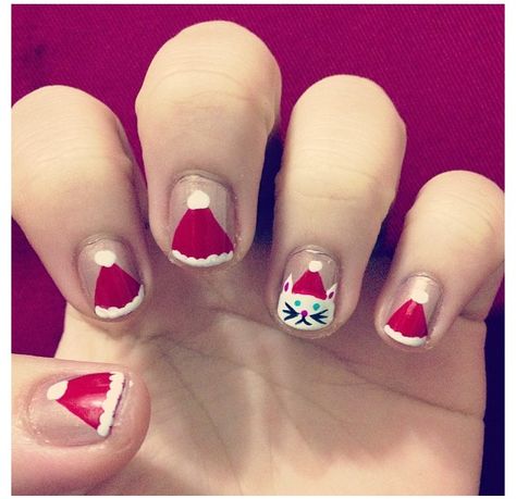 Christmas cat nails! Christmas Cat Nails Art Designs, Christmas Cat Nail Art, Christmas Cat Nails, Santa Hat Nails, Dog Nail Art, Cat Nail Art, Cute Nail Art Designs, Dog Nails, Cat Nails