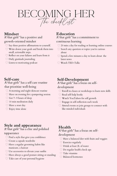 Checklist Ideas Journal, Start Your Life Over, Self Improvement Content Ideas, Motivation For Self Care, Glow Up Lifestyle, Daily Glow Up Checklist, Become That Woman, How To Be Mesmerizing, Good Habits For Women