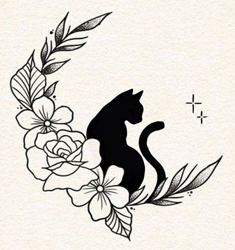 Cat Silhouette Tattoos With Flowers, Cat Tattoo Designs Memorial, Black Cat Drawing Simple, Simple Black Cat Tattoo, Small Black Cat Tattoo, Witchy Cat Tattoo, Cat Silhouette Tattoos, Black Cat Tattoo, Japanese Dragon Tattoo