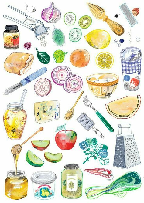 In the kitchen Drawings Of Food, 귀여운 음식 그림, Food Sketch, Watercolor Food, Illustration Food, Food Drawing, Food Illustrations, Kitchen Art, How To Cook