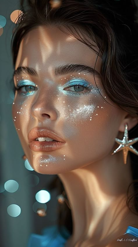 Mystical Eye Makeup, Mermaid Shoot Ideas, Space Cowboy Makeup Look, Light Blue Silver Makeup, Mystical Makeup Looks, Blue Mermaid Makeup Looks, Magic Makeup Looks, Mermaid Scale Makeup, Water Goddess Makeup