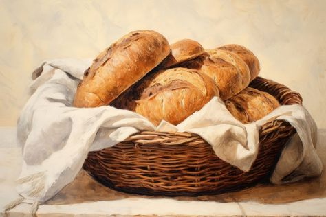 Bread Reference Photo, Bread Painting, Basket Of Bread, Bread Basket Drawing, Bread Oil Painting, Assorted Bread Basket, Paintings Famous, Food Painting, Bread Basket