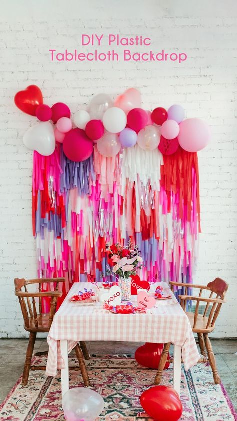 Jessica Grant on Instagram: “DIY Fringe Backdrop using $1 Tablecloths! SAVE this idea for your next celebration 💖Here’s how: You’ll need: -Rectangle tablecloths to…” Photo Booth Backdrop Diy Dollar Stores Plastic Tablecloth, How To Make Table Cloth Backdrop, Fabric Strip Backdrop, Dollar Store Table Cloth Backdrop, Dollar Tree Table Cloth Backdrop Ideas, Table Cloth Wall Decorations, Diy Tablecloth Backdrop, Table Cloth Backdrop Diy, Diy Backdrop Ideas On A Budget