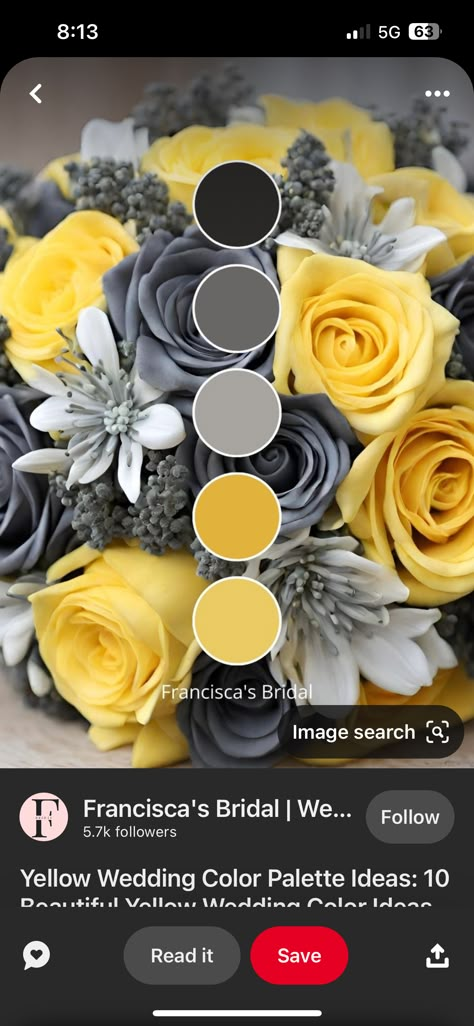 Gray And Yellow Wedding Theme, Yellow Themed Wedding Color Schemes, Sunflower And Black Wedding, Wedding Colors With Yellow, Yellow Theme Wedding, Gray And Yellow Wedding, Yellow White Wedding, Grey And Yellow Wedding, Grey Wedding Decor