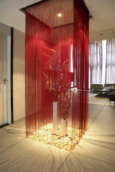 lighting w/ string walls Spa Curtains, Curtain Divider, Curtain Room Divider, Curtains Design, Door Dividers, String Curtains, Ikea Curtains, Curtain Fringe, Bohemian Room