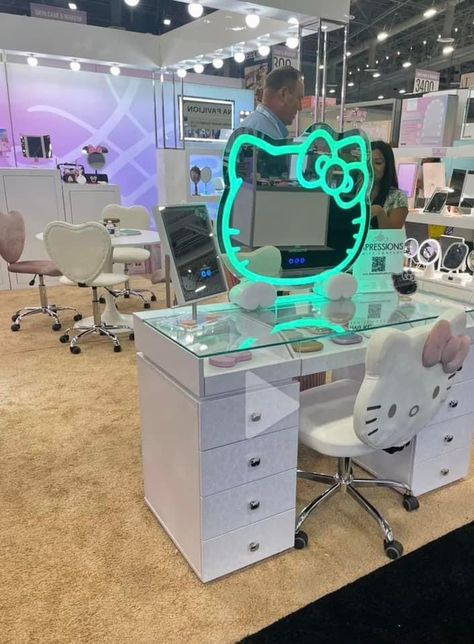 NEW hello kitty vanity chair • hello kitty vanity mirror Vanity Ideas Bedroom Hello Kitty, Hello Kitty Makeup Vanity, Hello Kitty Interior Design, Pink Hello Kitty Vanity, Hello Kitty Wall Mirror, Big Hello Kitty Mirror, Hello Kitty Vanity Ideas, Hello Kitty Themed Room Y2k, Impressions Vanity Hello Kitty