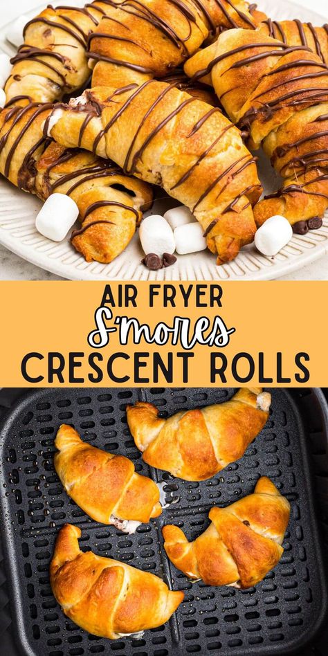 Air fryer s'mores crescent rolls are filled with gooey marshmallow and melty chocolate, and you only need three ingredient to make! Air Fryer Smores Recipes, Cinnamon Sugar Crescent Rolls, Using Crescent Rolls, Crescent Roll Dessert, Air Fryer Recipes Dessert, Lunch Inspiration, Quick Dessert, Simple Dessert, Crescent Roll Recipes