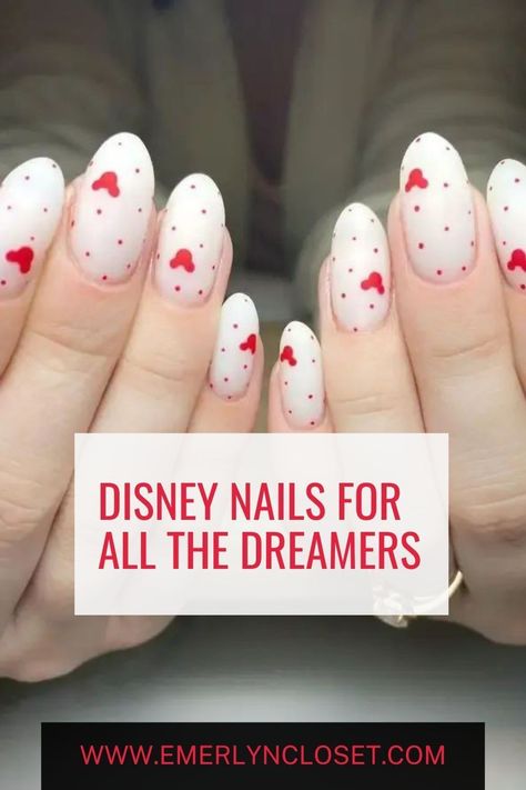 Disney nails + summer disney nails + disney nail designs Minimalist Mickey Nails, French Tip Disney Nail Designs, Red Mickey Nails, Disney Almond Shaped Nails, Disney Holiday Nails Christmas, Red Disney Nails, Winter Disney Nails, Summer Disney Nails, Subtle Disney Nails