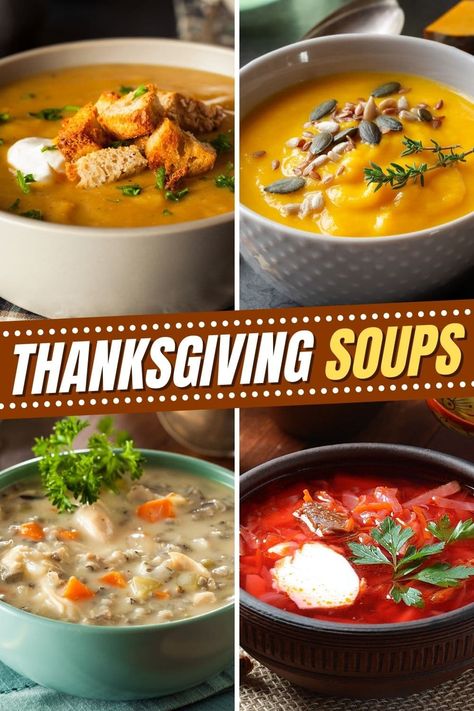 Start off your holiday meal with these classic Thanksgiving soups! From pumpkin to potato to butternut squash, these soups are the perfect starters for your turkey feast. Best Thanksgiving Soup Recipes, Leftover Thanksgiving Soup Recipes, Turkey Potatoes Soup, Easy Thanksgiving Soup Recipes, Thanksgiving Soups Crock Pots, Thanksgiving Recipes Soup, Turkey Pumpkin Soup, Soups For Thanksgiving, Thanksgiving Soups Recipes