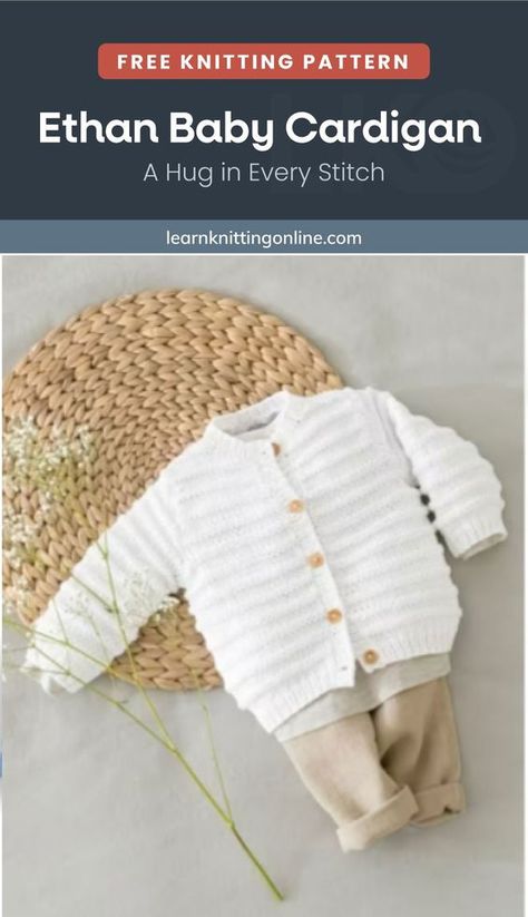 Step into the world of adorable knitting with the Ethan Baby Cardigan. Picture the sweetest cuddles, the warmest embraces—this cardigan is designed to envelop your little one in love, warmth, and undeniable cuteness.| More free knitting patterns and tutorials at learnknittingonline.com Knit Beginner, Crochet Baby Dresses, Baby Knitting Patterns Free Newborn, Baby Boy Knitting Patterns Free, Baby Jumpers, Boys Knitting Patterns Free, Kids Knitting, Baby Cardigan Knitting Pattern Free, Toddler Patterns