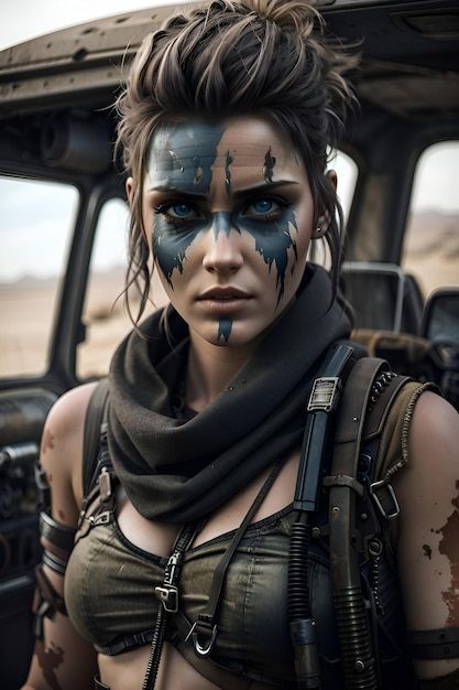 Apocalyptic Survivor, Tattoo Real, Warrior Makeup, Mad Max Costume, Fallout Wasteland, Cyberpunk Jacket, Viking Warrior Woman, Hairstyle Ideas Easy, Festival Clothes