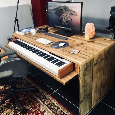 Hidden Piano Desk, Studio Desk Music, Home Studio Desk, Piano Desk, Music Desk, Keyboard Shelf, Home Recording Studio Setup, Recording Studio Setup, Keyboard Desk