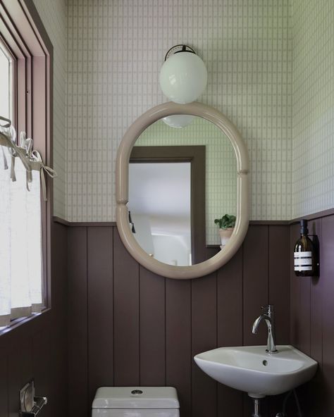 Deep Mauve Powder Room — Plural Design Studio - Original Art & Interiors Sherwin Williams Blush, Wallpaper Small Bathroom, Mauve Bathroom, Tiny Powder Room, Next Living Room, Small Bathroom Inspiration, Small Powder Room, Corner Sink, Store Interiors