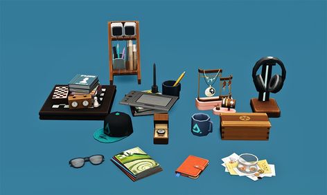 The rest of the Everyday Clutter Kit that (as far as I know) had yet to be converted.    Boom Blocks (back left) is a radio.    I did not make these recolorable, but a few of the objects have some swatch… Sims 3 Clutter, Sims 4 Everyday Clutter, 4t3 Conversions, Bee Keeper Hat, 2000s Magazines, Teen Bedroom Sets, Door Desk, Cc Furniture, Sims Games