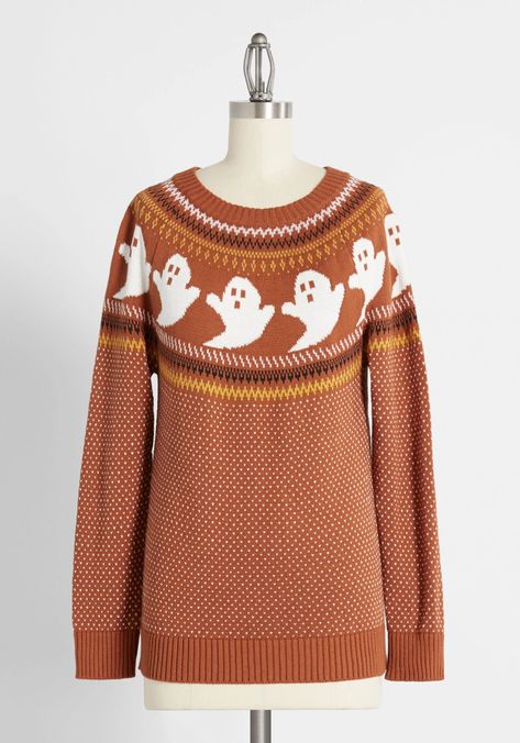 ModCloth You've Been Ghosted Fair Isle Sweater in Brown | ModCloth Navy Sweater Dress, Black Pullover Sweater, Halloween Tattoo, Halloween Sweater, Oh Deer, Cute Blouses, Fair Isle Sweater, Halloween Fashion, Halloween Dress