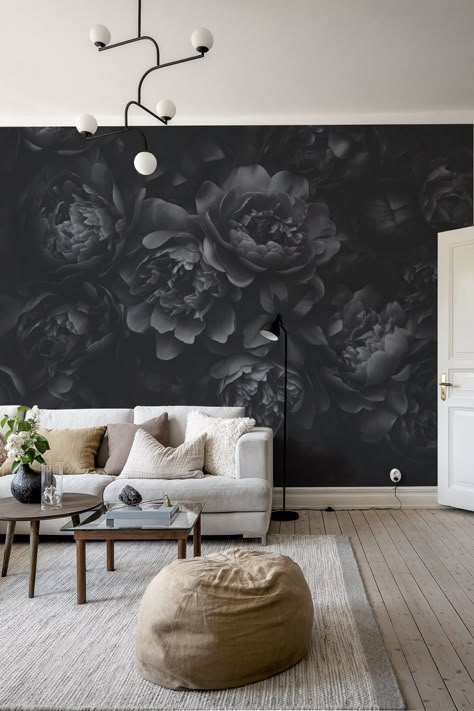 Opulent Flowers Black Grey print from Happywall Dark Room Design, Tattoo Shop Aesthetic, Texas Bedroom, Salon Vision Board, Pink Peonies Wallpaper, Fancy Home Decor, Dark Academia Cottage, Baroque Flowers, Black And Grey Wallpaper