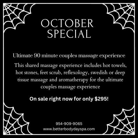 October Massage Specials, Halloween Spa, Med Spa Marketing, Spa Specials, Spa Marketing, Its Too Late, Spa Life, Better Body, October Halloween