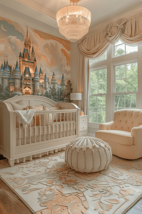 40 Stunning Neutral Nursery Inspiration for Your Little One Shay Mitchell Nursery, Castle Themed Nursery, Old Disney Nursery, Baby Rooms Idea, Gold And White Nursery, Royal Nursery Theme, Pink Winnie The Pooh Nursery, Baroque Nursery, Vintage Baby Room Ideas